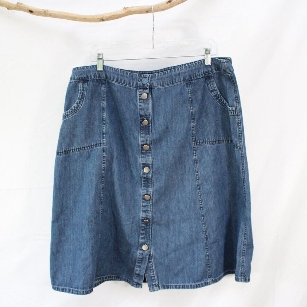 JM Collection Button Front Blue Jean Skirt 16 Denim Paneled Skirt Midi Knee